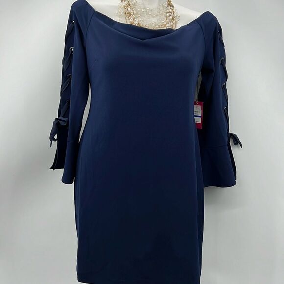 Vince Camuto navy off the shoulder arm lace up XL dress - Picture 2 of 6
